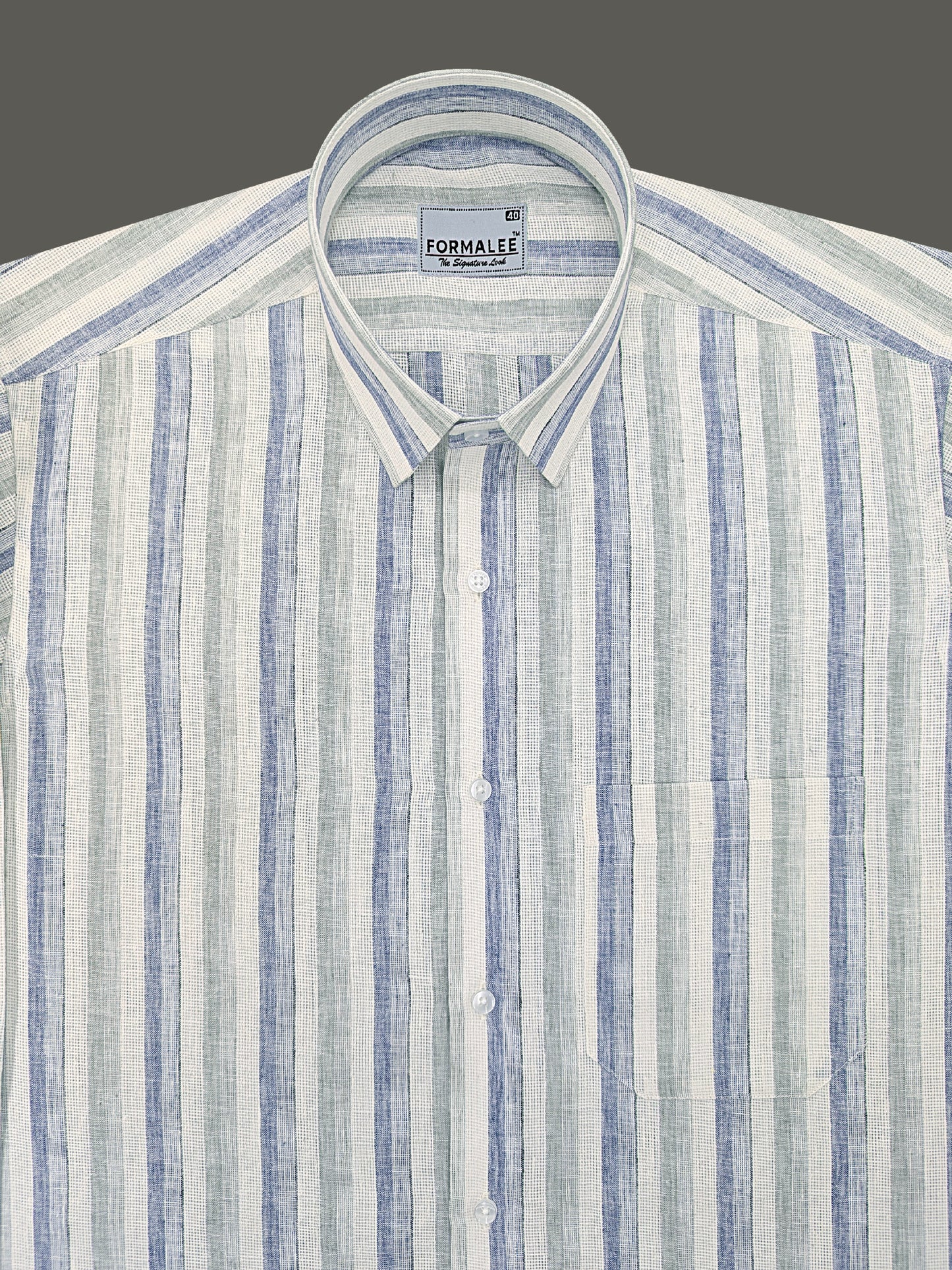Aurelius Premium Linen Cotton Navy With Sage Green Stripe Formal Shirt