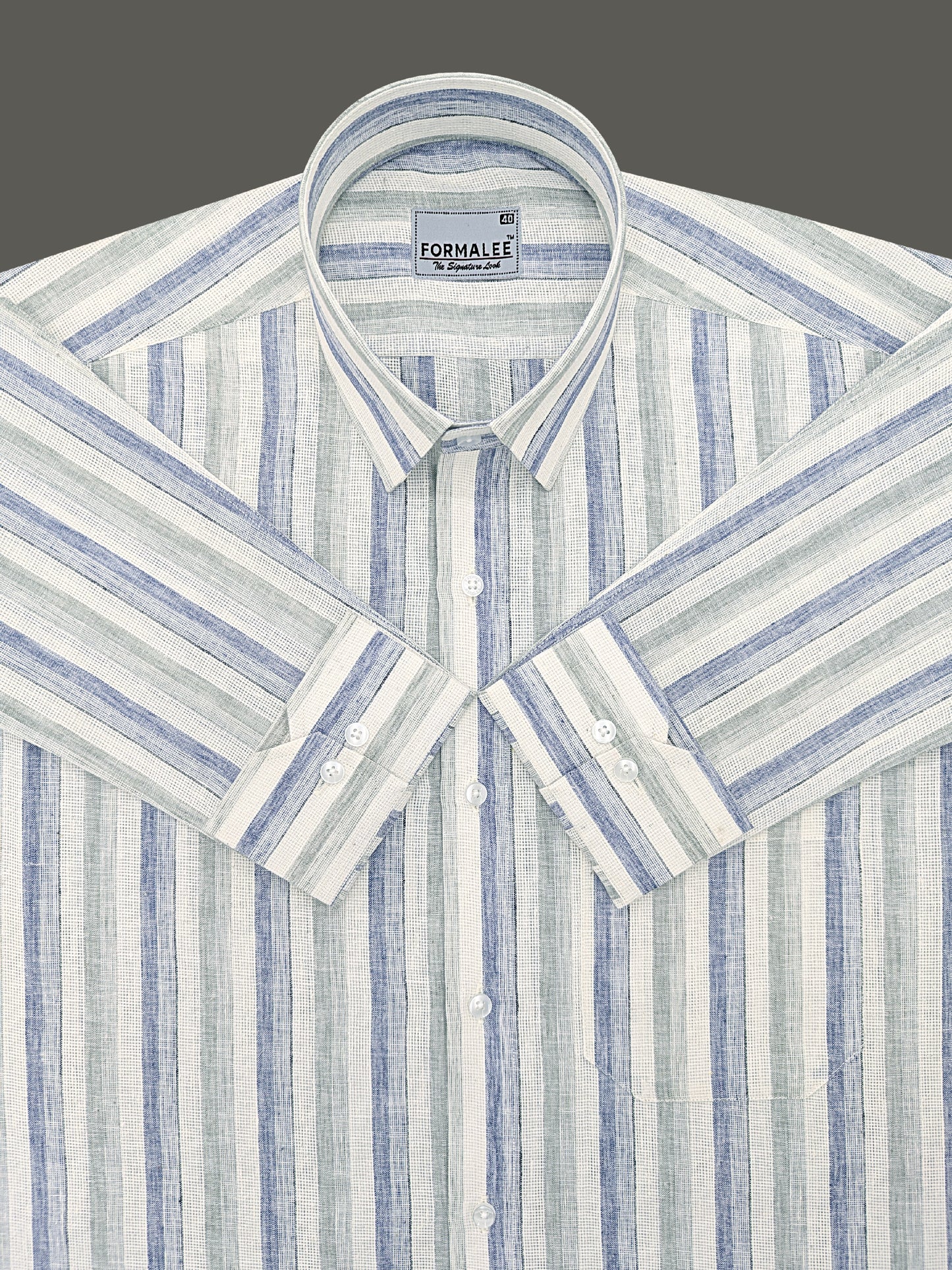 Aurelius Premium Linen Cotton Navy With Sage Green Stripe Formal Shirt