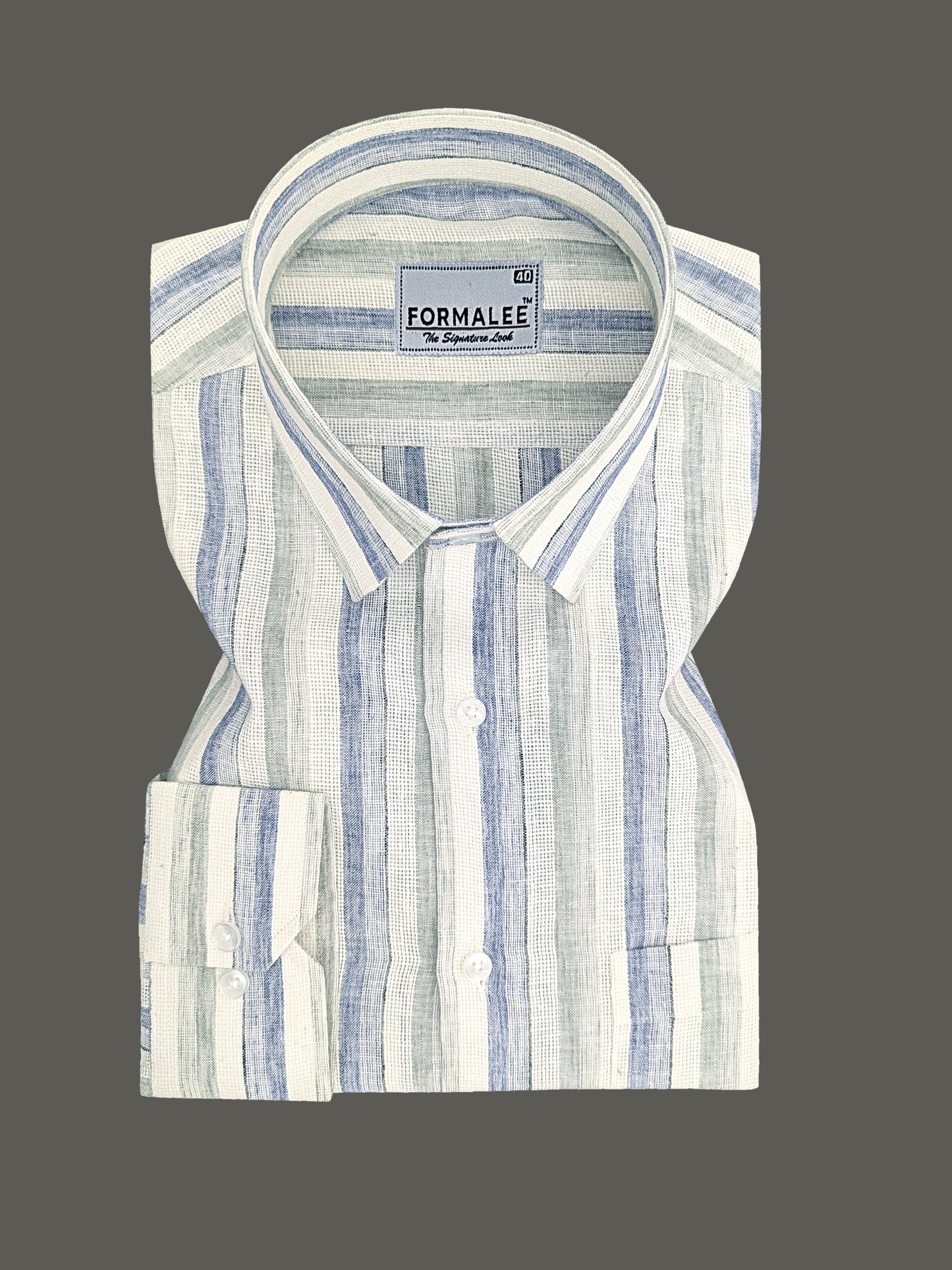Aurelius Premium Linen Cotton Navy With Sage Green Stripe Formal Shirt