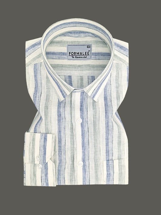 Aurelius Premium Linen Cotton Navy With Sage Green Stripe Formal Shirt