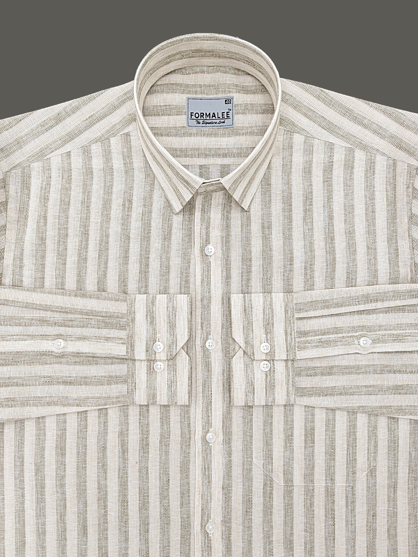 Aurelius Premium Linen Cotton Almond Cream Stripe Formal Shirt