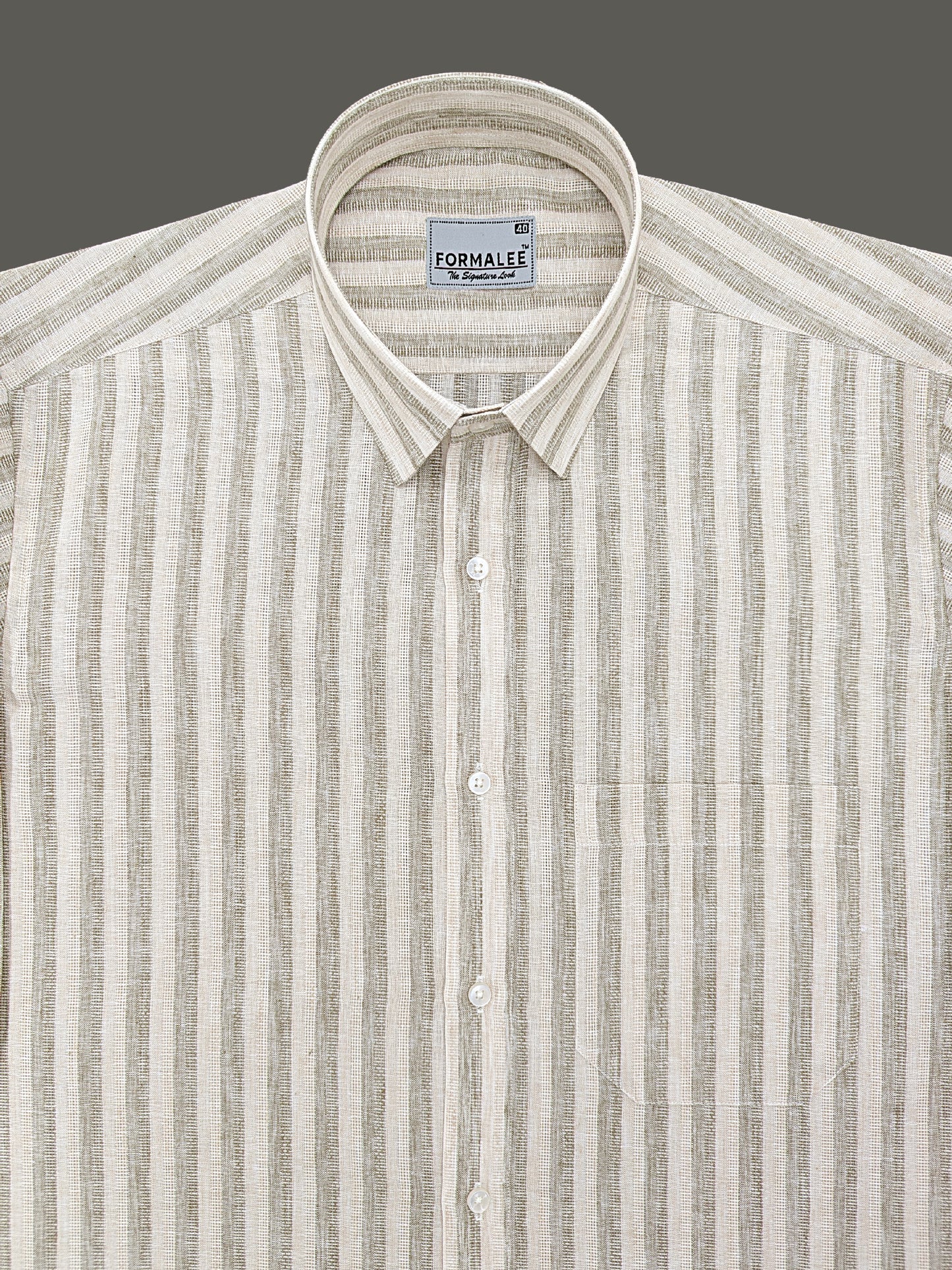 Aurelius Premium Linen Cotton Almond Cream Stripe Formal Shirt