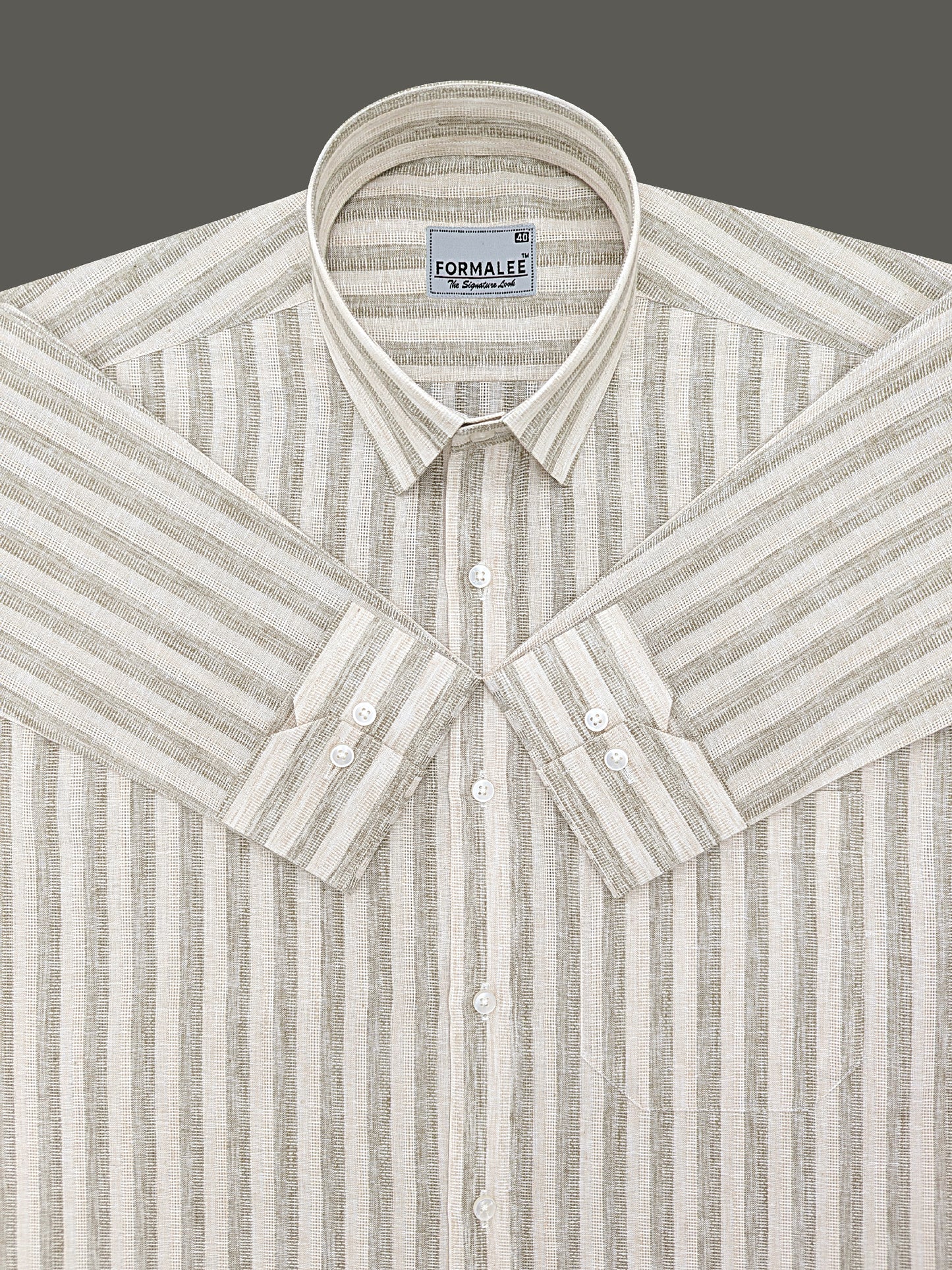 Aurelius Premium Linen Cotton Almond Cream Stripe Formal Shirt