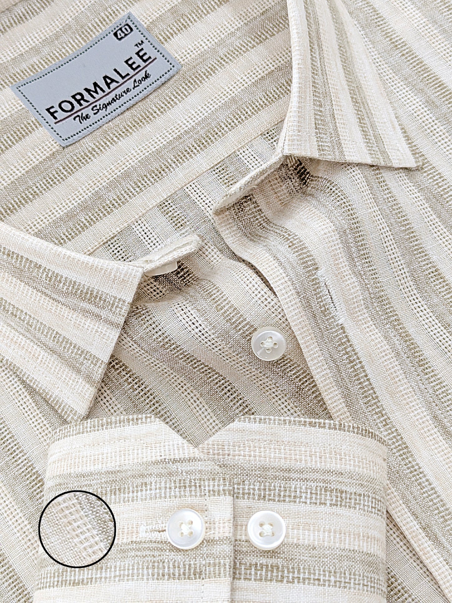 Aurelius Premium Linen Cotton Almond Cream Stripe Formal Shirt