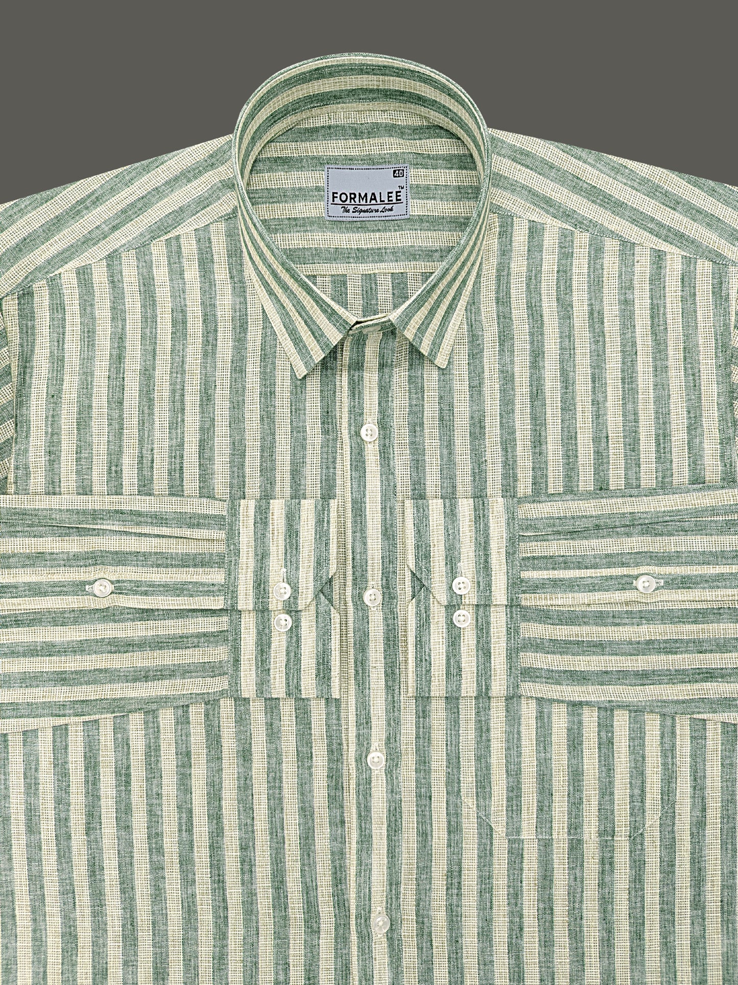 Aurelius Premium Linen Cotton Willow Green Stripe Formal Shirt