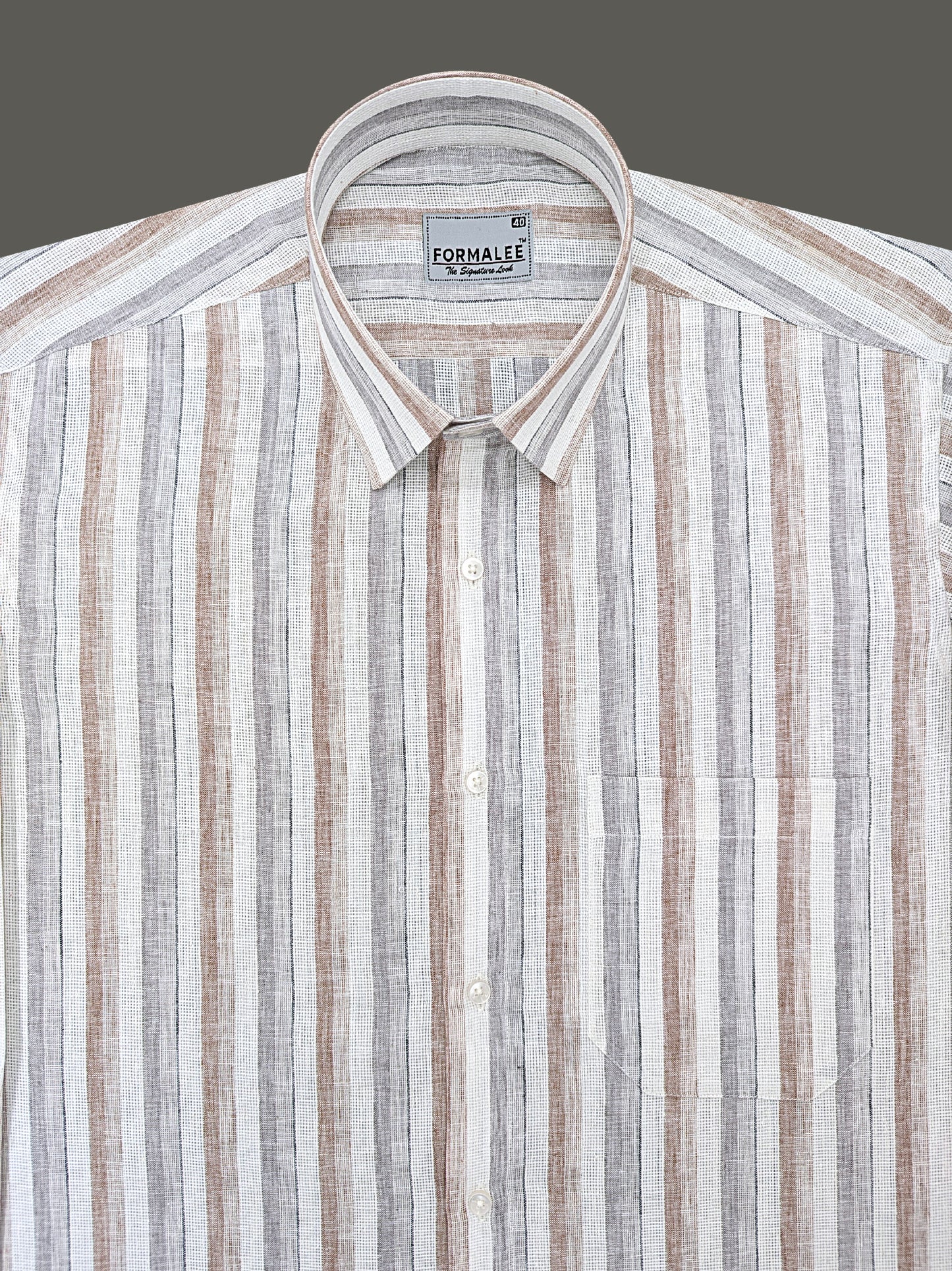 Aurelius Premium Linen Cotton Pebble Beige Grey Stripe Formal Shirt