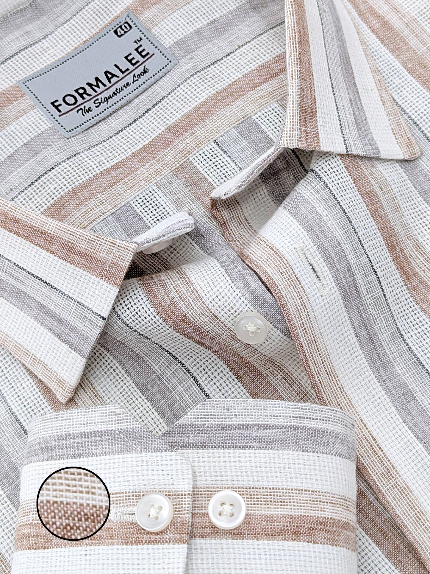 Aurelius Premium Linen Cotton Pebble Beige Grey Stripe Formal Shirt