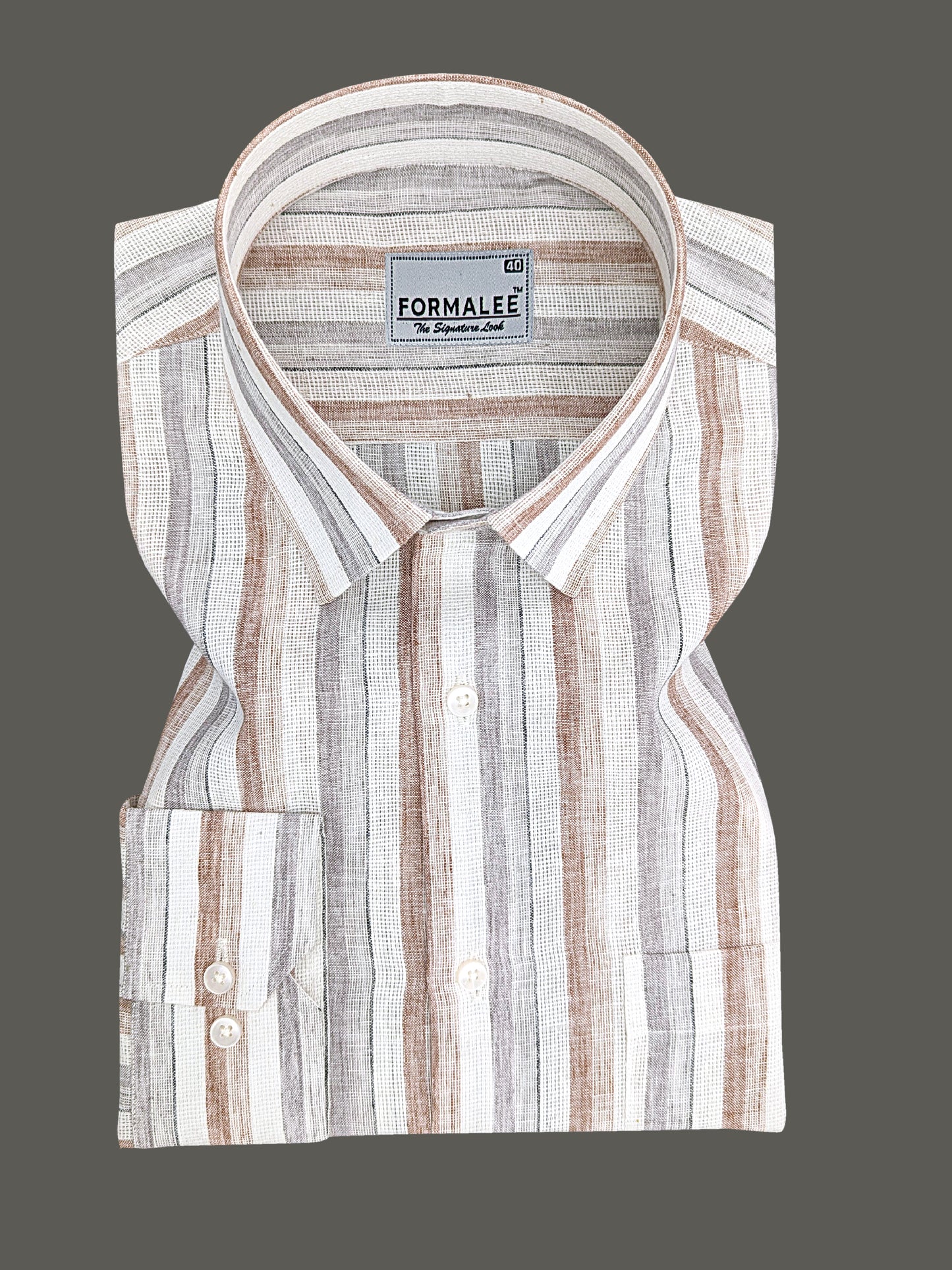 Aurelius Premium Linen Cotton Pebble Beige Grey Stripe Formal Shirt
