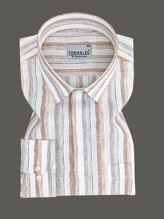 Aurelius Premium Linen Cotton Pebble Beige Grey Stripe Formal Shirt