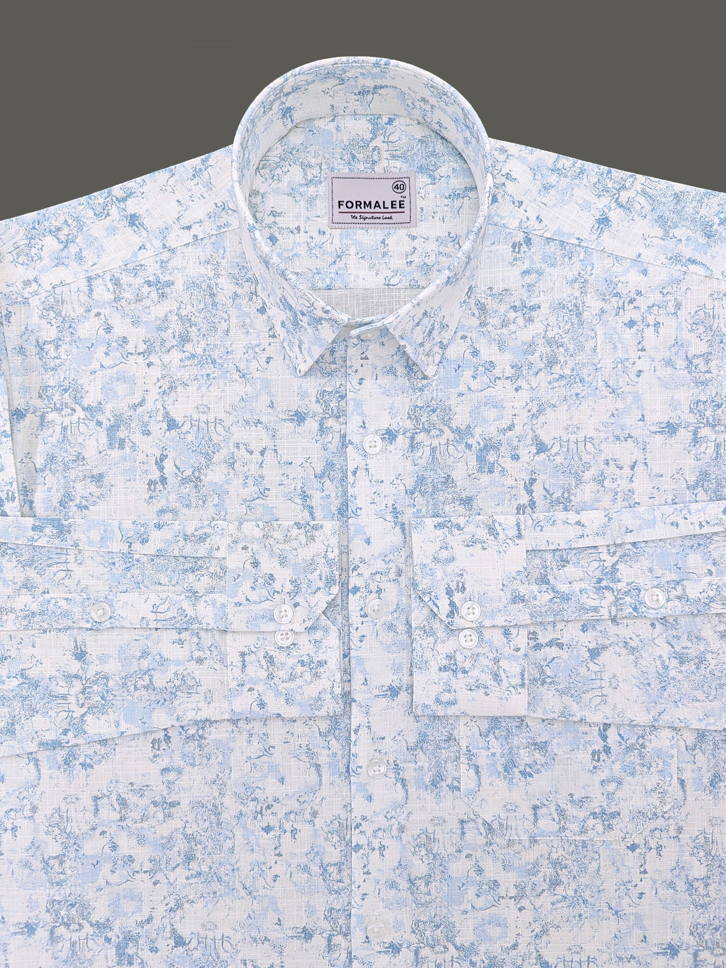 Orovia Premium Linen Cotton Sky Blue Victorian Print Shirt