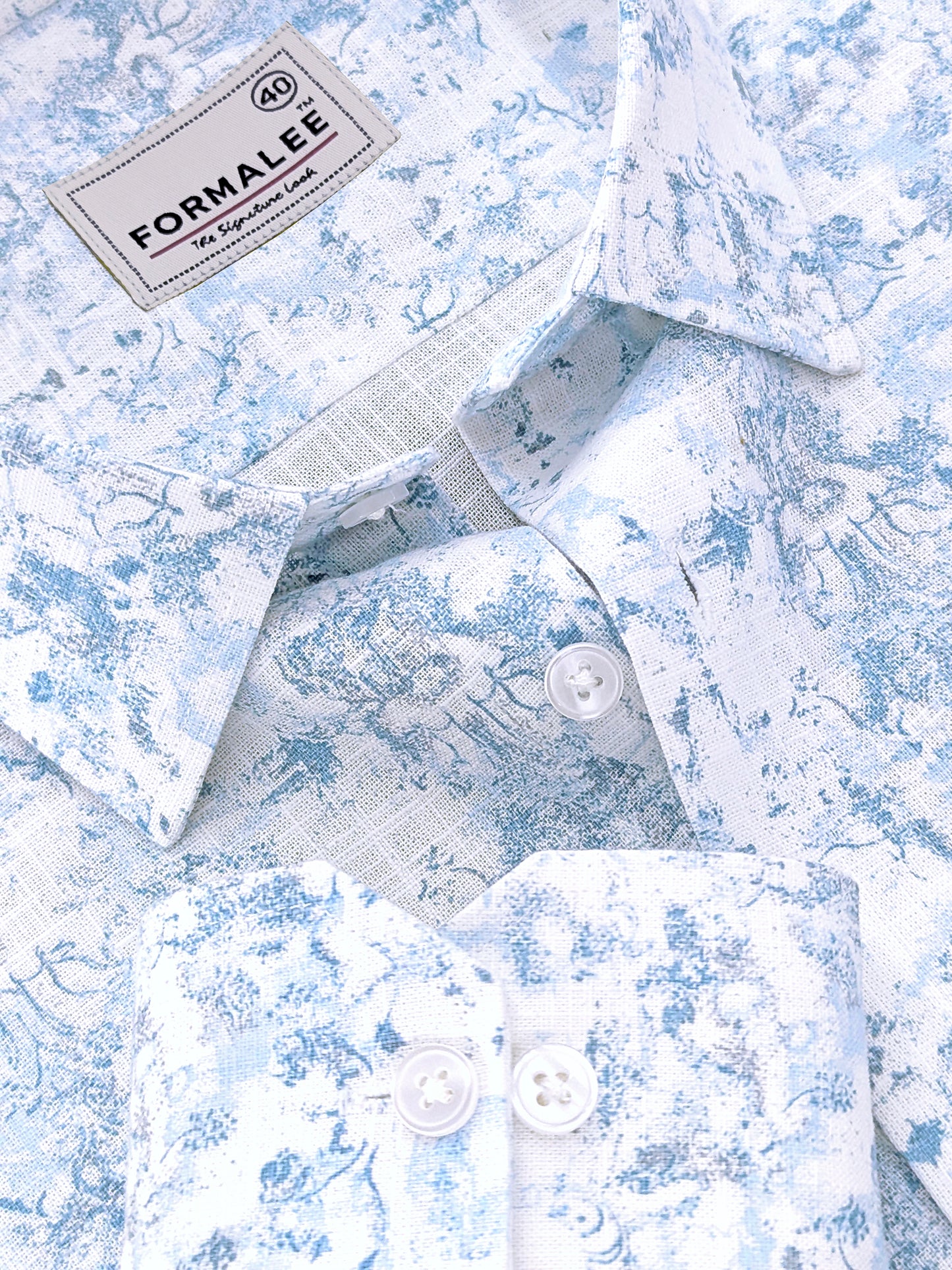 Orovia Premium Linen Cotton Sky Blue Victorian Print Shirt