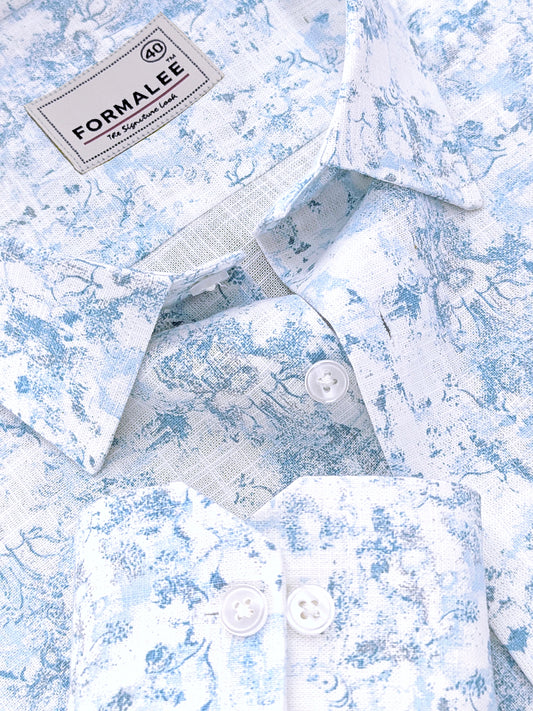 Orovia Premium Linen Cotton Sky Blue Victorian Print Shirt