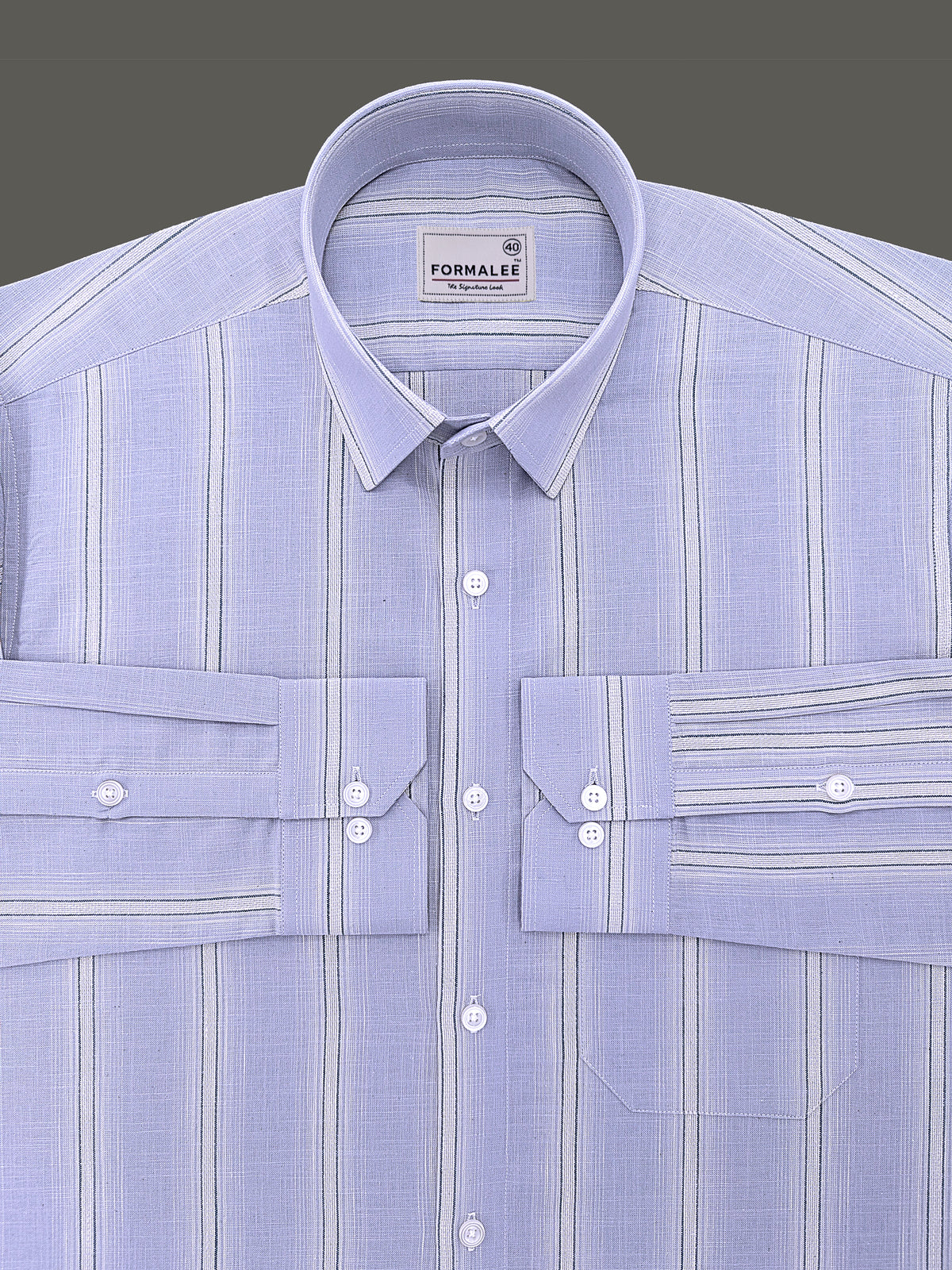 Luxurious Linen Veltrique Blue Fog With Cream Line Formal Shirt