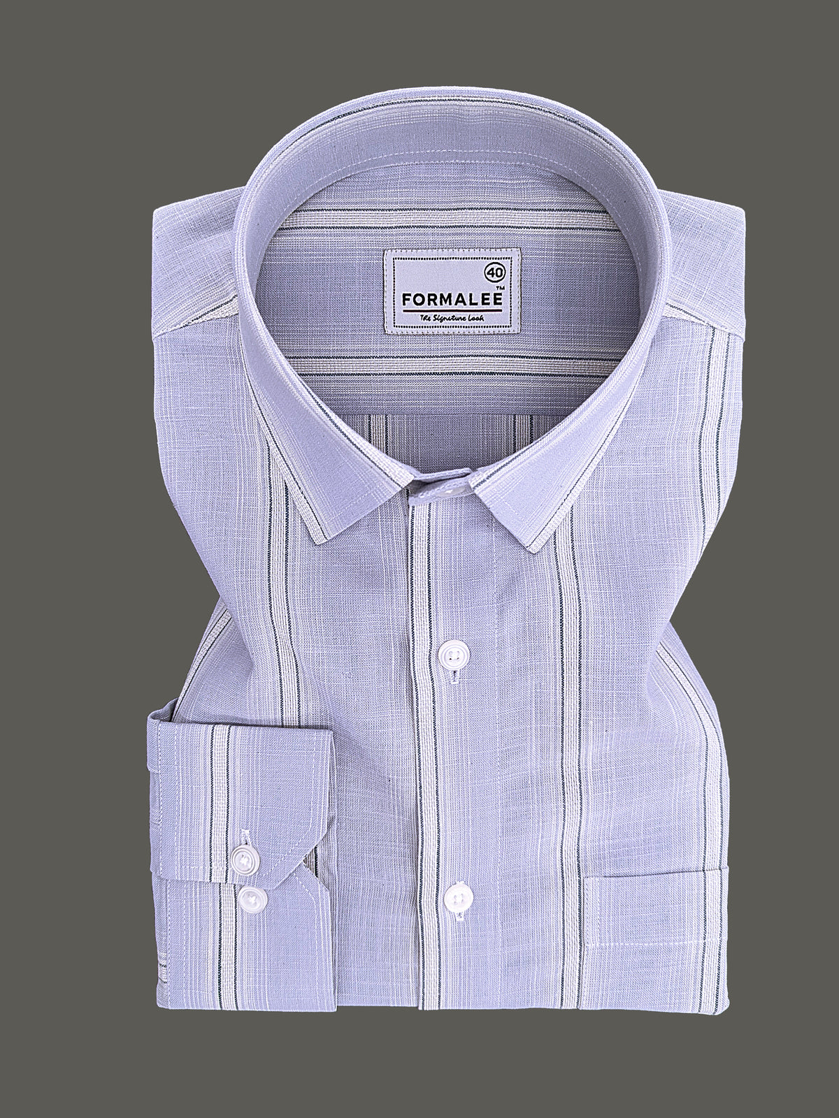 Luxurious Linen Veltrique Blue Fog With Cream Line Formal Shirt