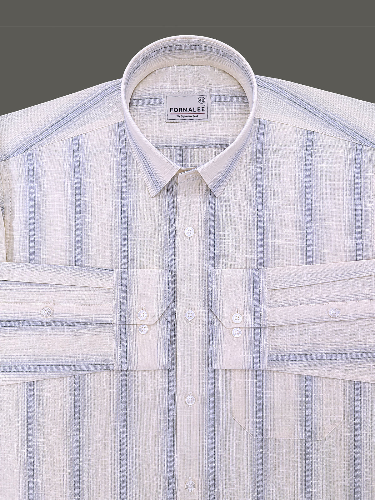 Luxurious Linen Veltrique Cloud Cream With Bluish Line Formal Shirt