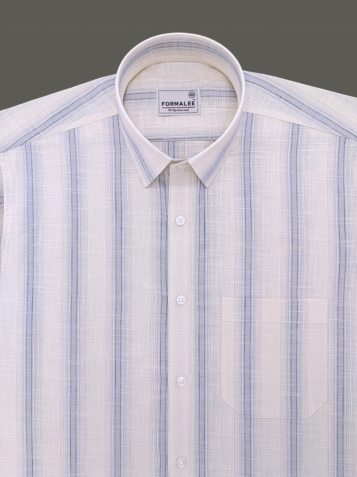 Luxurious Linen Veltrique Cloud Cream With Bluish Line Formal Shirt