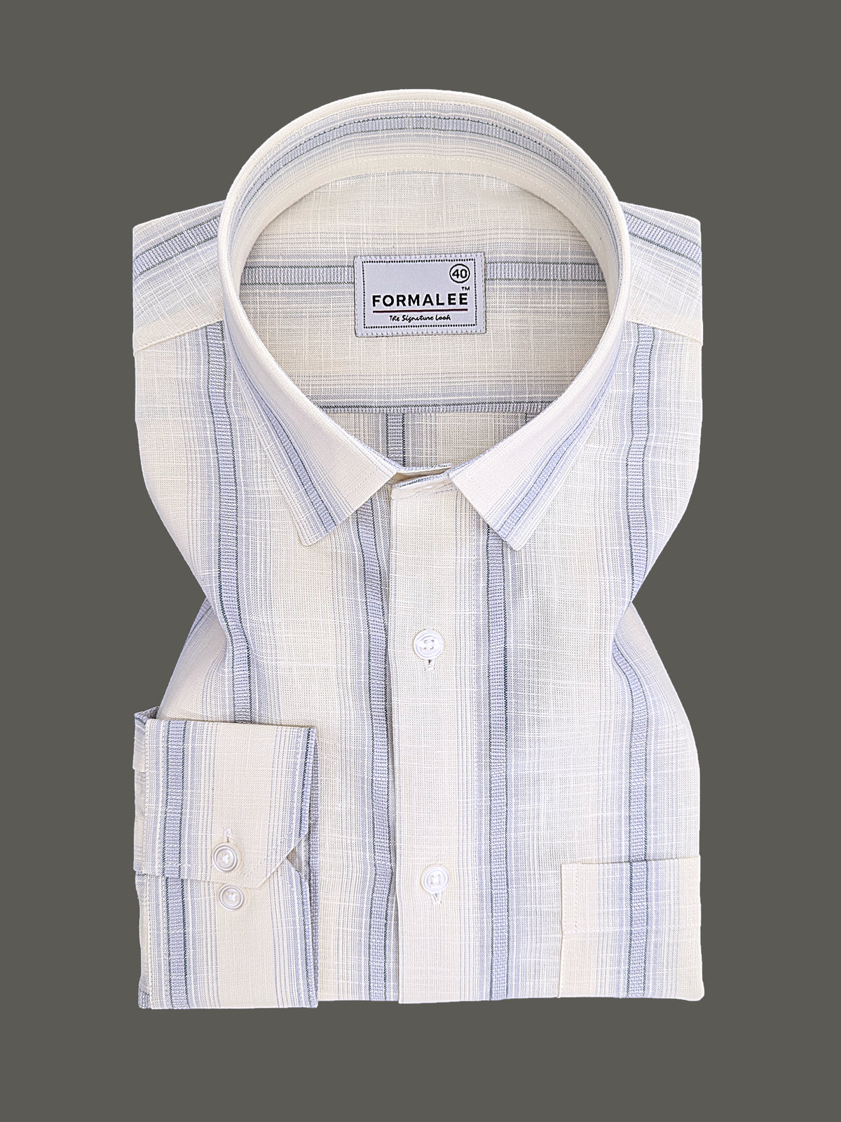 Luxurious Linen Veltrique Cloud Cream With Bluish Line Formal Shirt