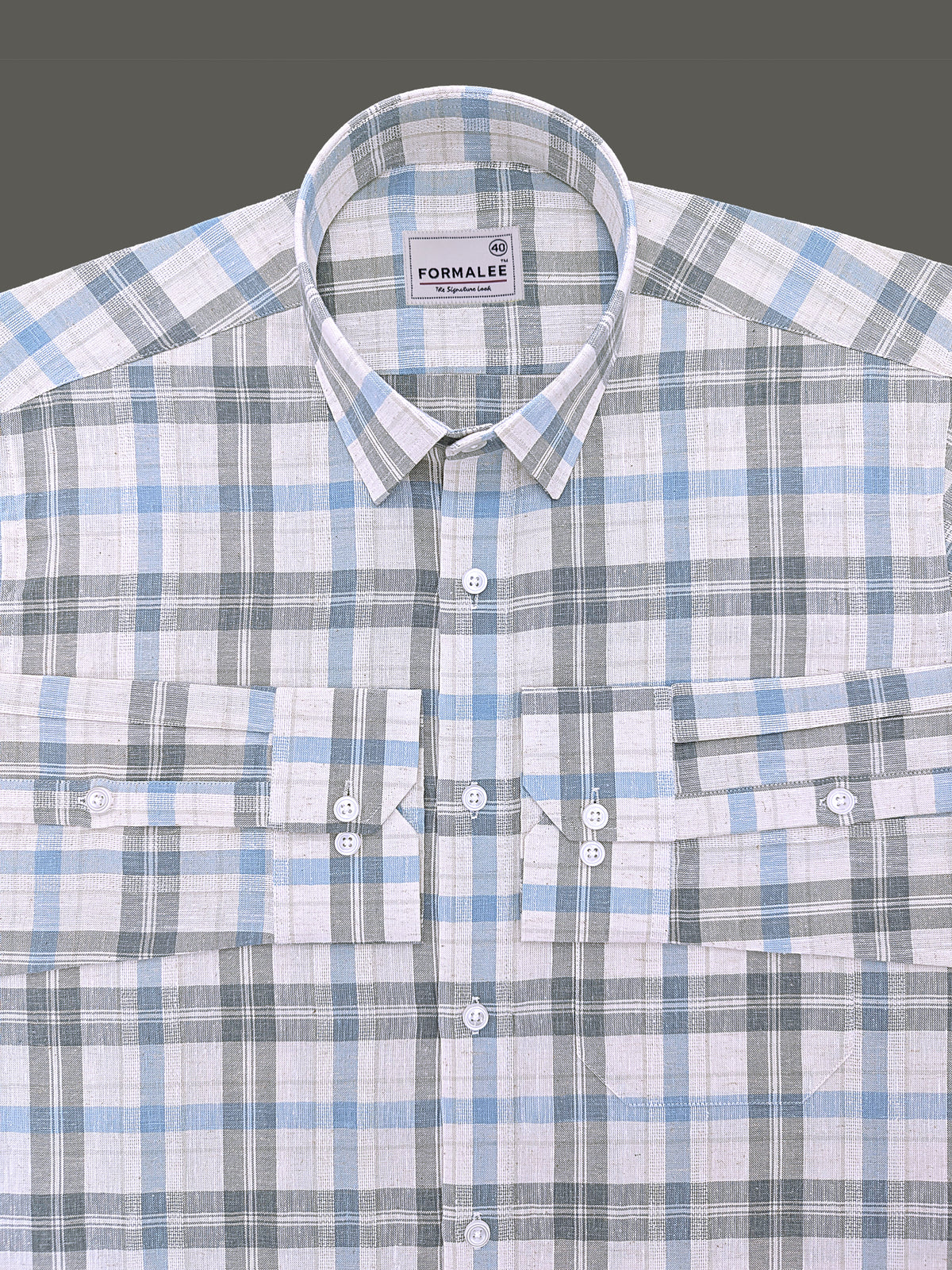 Luxurious Linen Marquello Greyish Green And Skyblue Multicheck Shirt