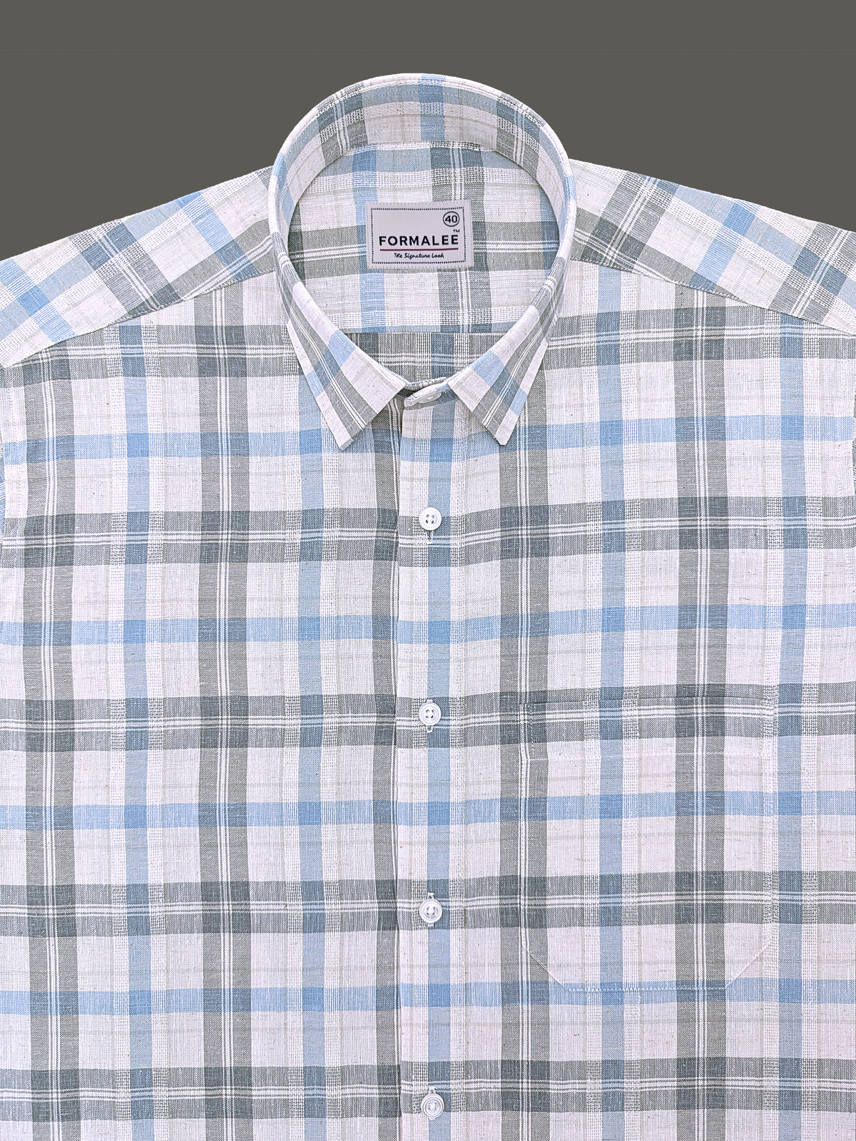 Luxurious Linen Marquello Greyish Green And Skyblue Multicheck Shirt