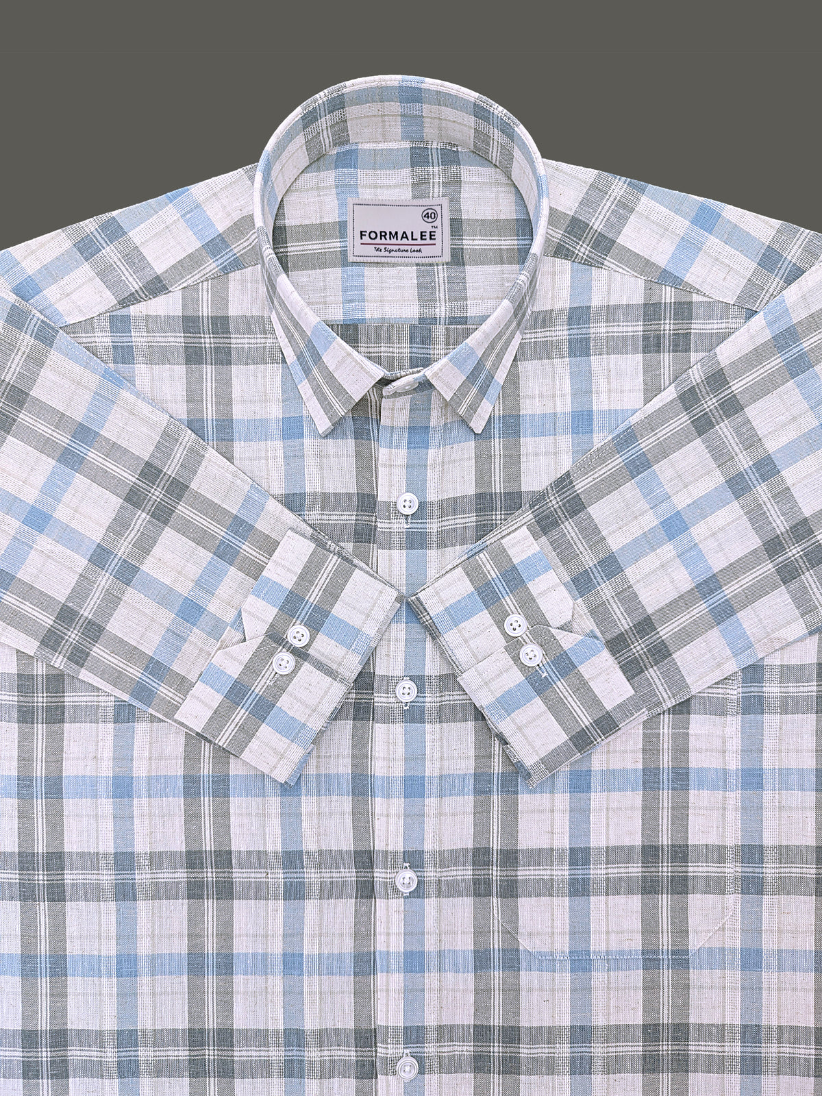 Luxurious Linen Marquello Greyish Green And Skyblue Multicheck Shirt