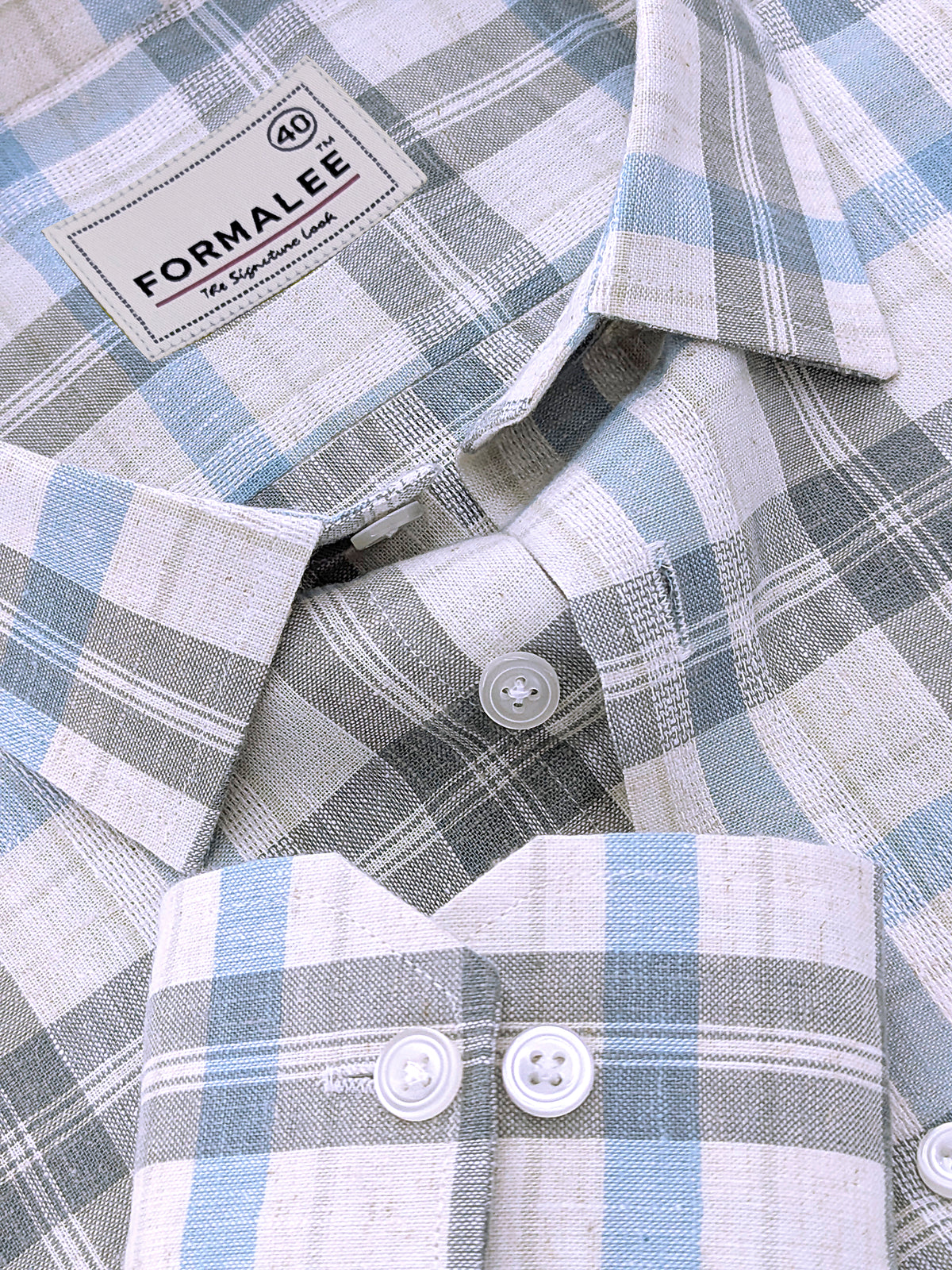 Luxurious Linen Marquello Greyish Green And Skyblue Multicheck Shirt