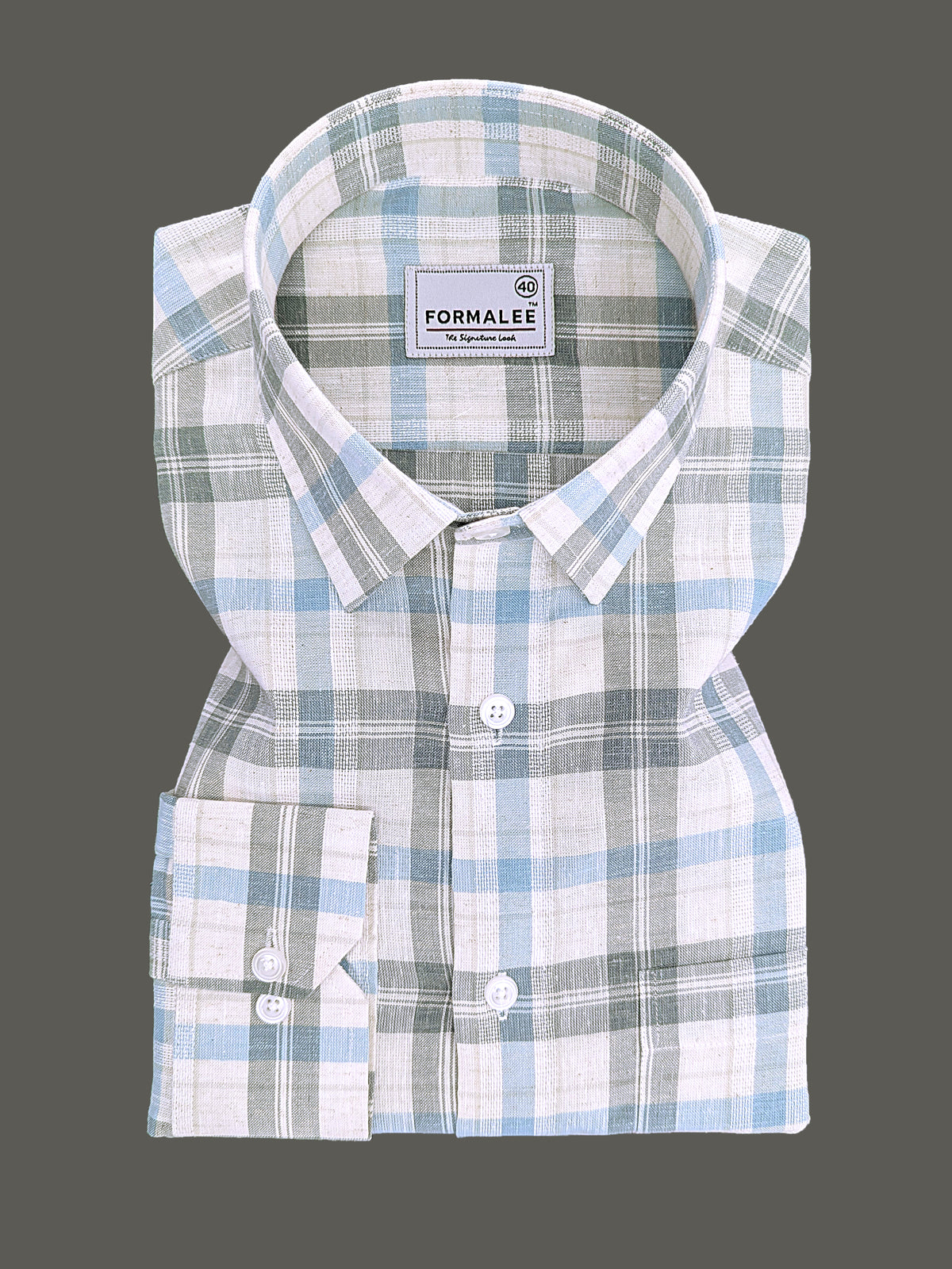 Luxurious Linen Marquello Greyish Green And Skyblue Multicheck Shirt
