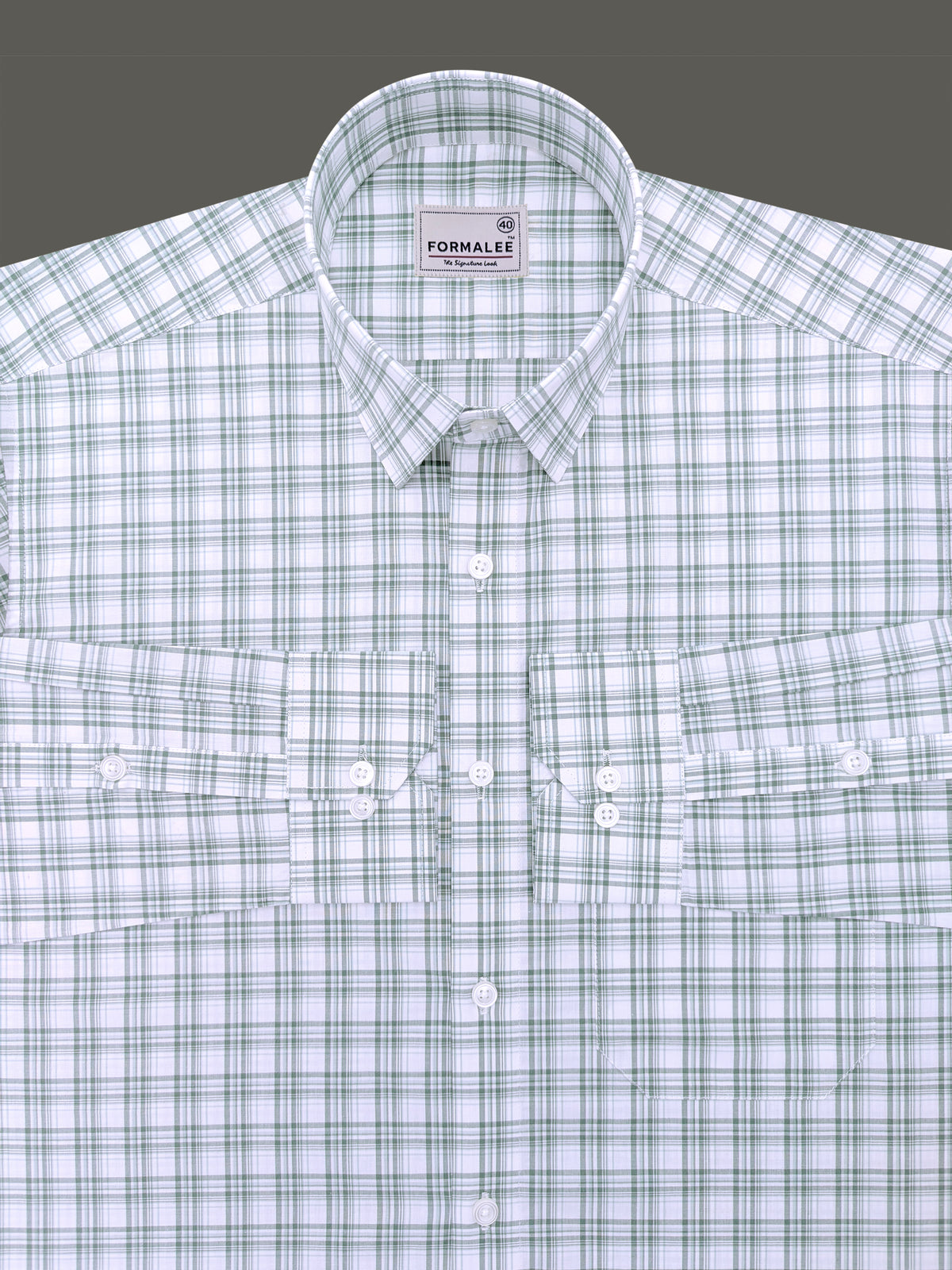Finest Cotton Greenish Multichecks On White Formal Shirt