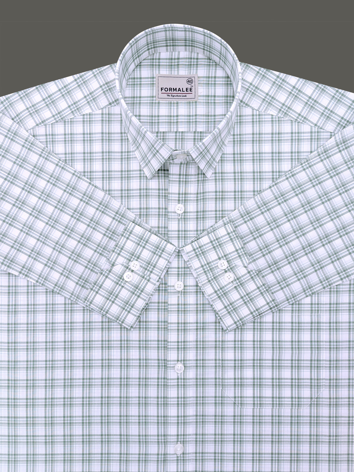 Finest Cotton Greenish Multichecks On White Formal Shirt