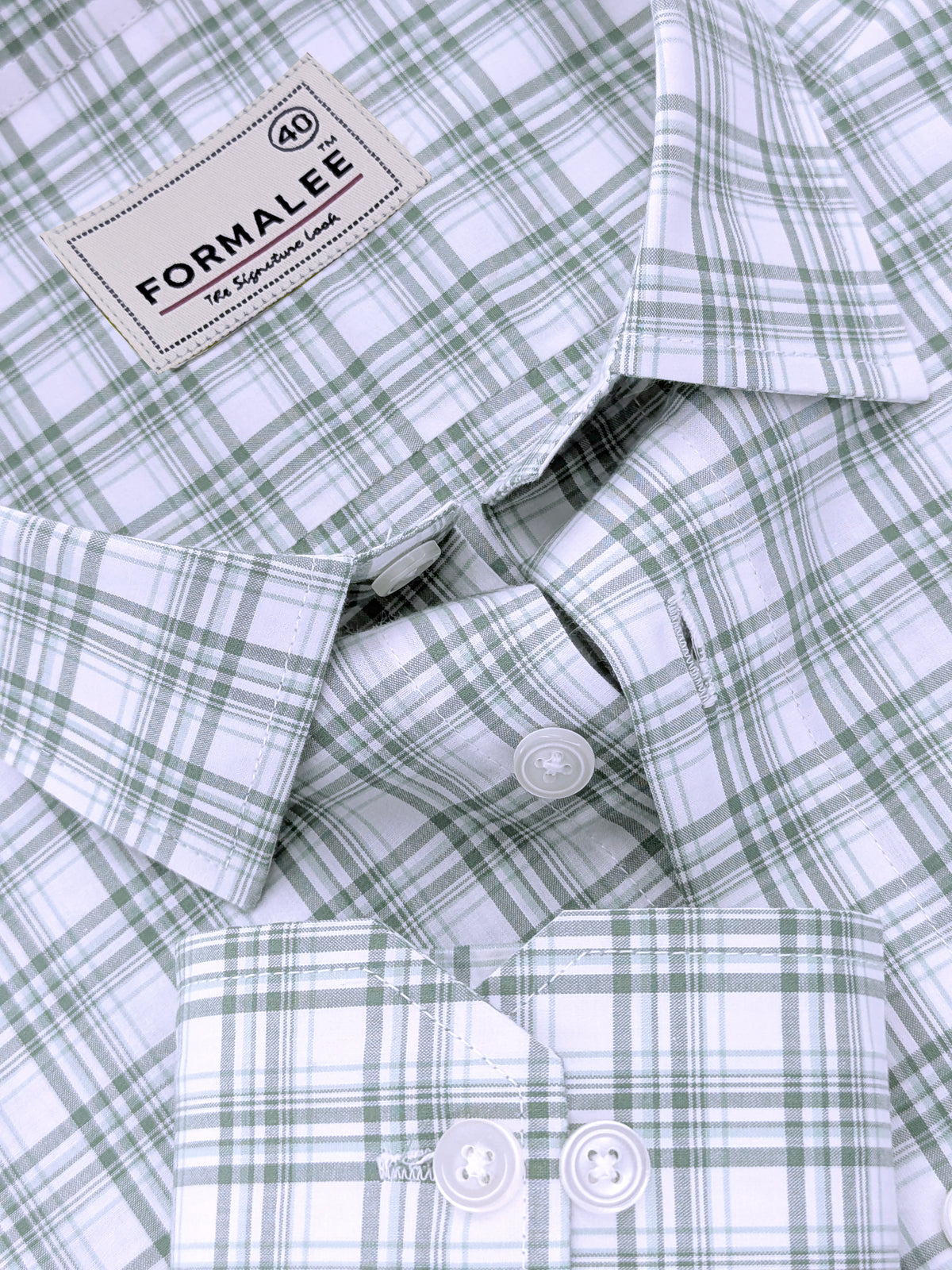Finest Cotton Greenish Multichecks On White Formal Shirt