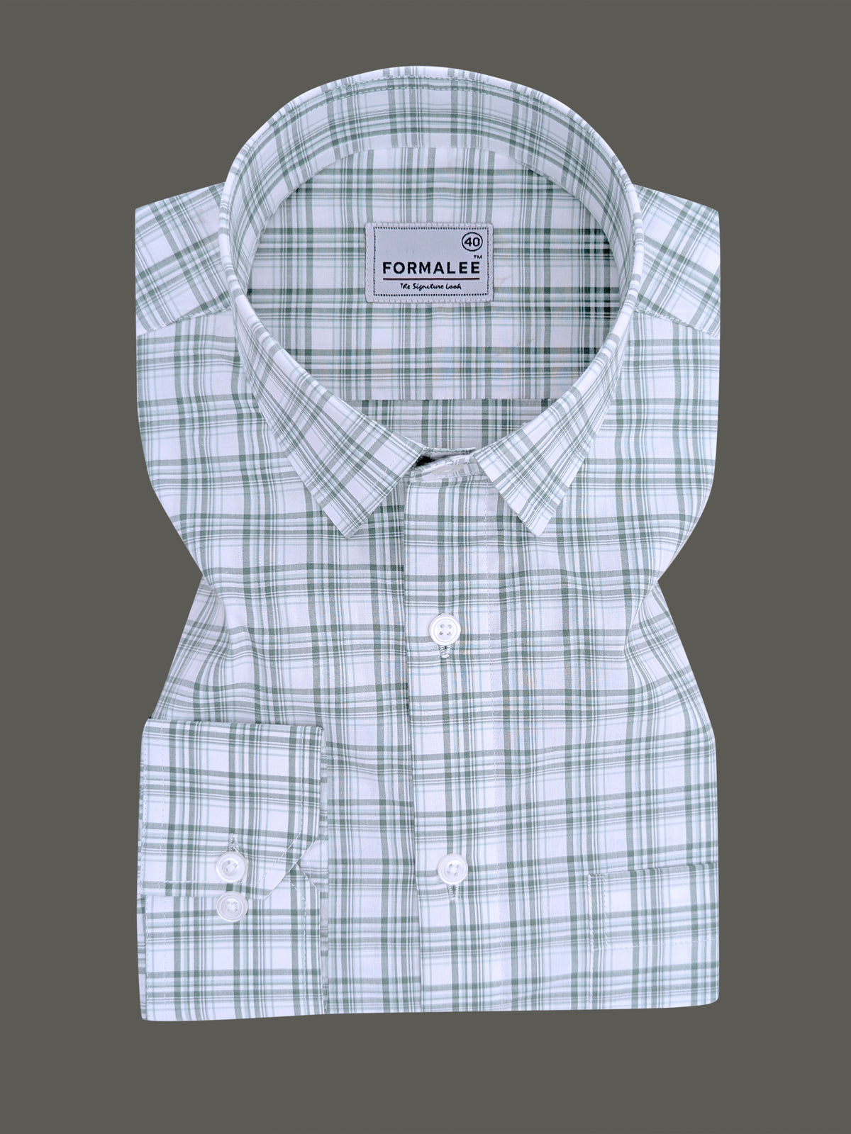 Finest Cotton Greenish Multichecks On White Formal Shirt