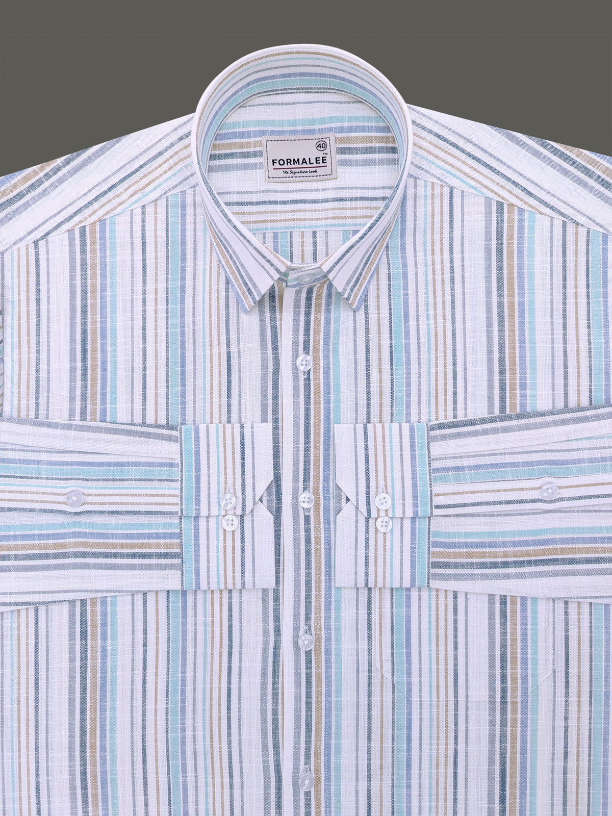 Luxurious Linen Blue And Multistripe On White Formal Shirt