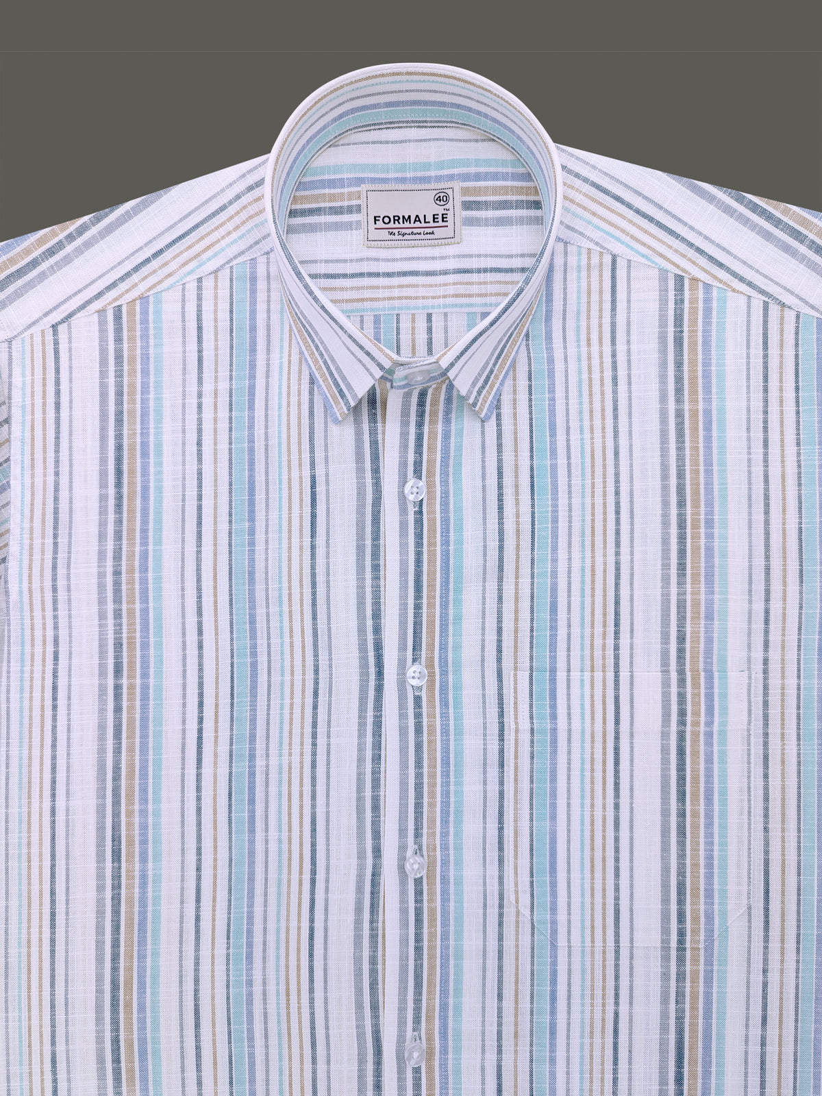 Luxurious Linen Blue And Multistripe On White Formal Shirt
