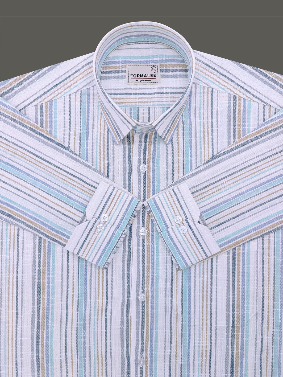 Luxurious Linen Blue And Multistripe On White Formal Shirt