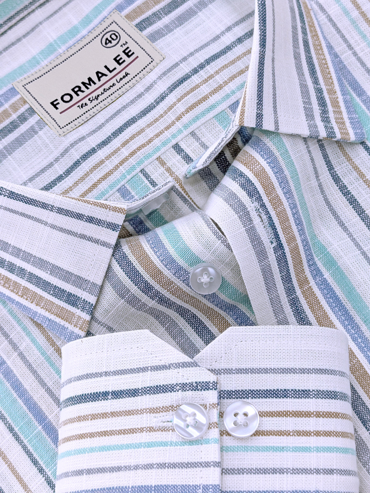 Luxurious Linen Blue And Multistripe On White Formal Shirt