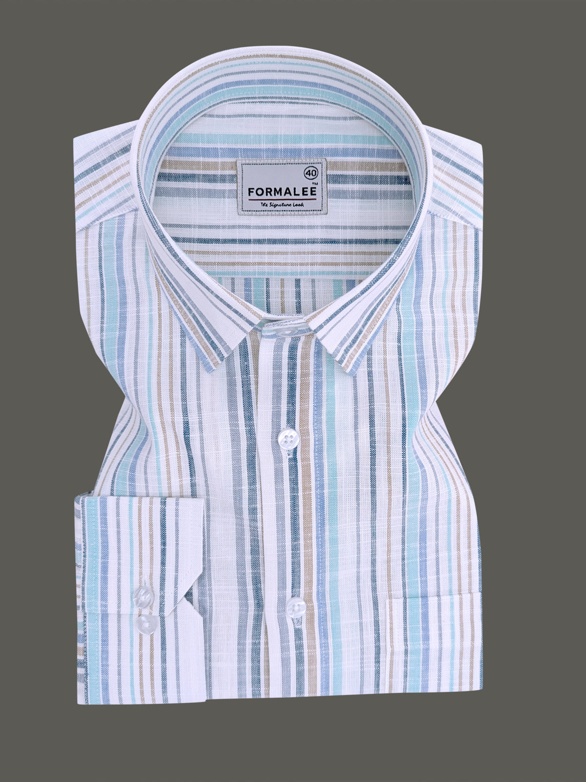 Luxurious Linen Blue And Multistripe On White Formal Shirt