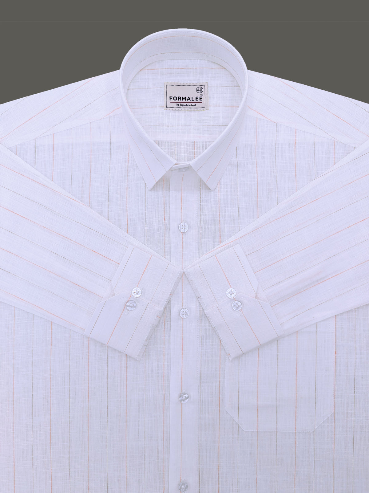 Luxurious Italian Linen Marquello Orange And Browny Line On White Formal Shirt