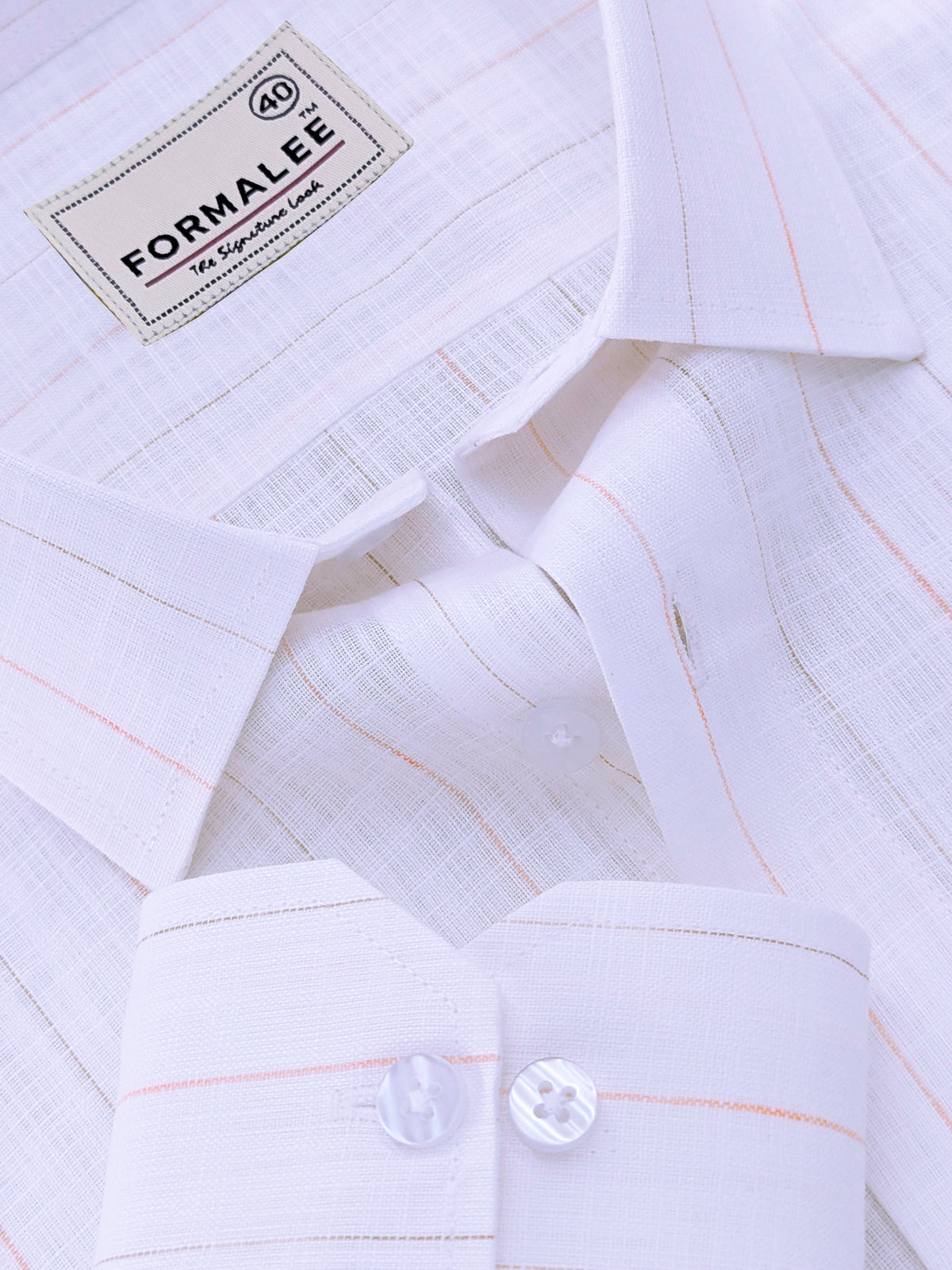 Luxurious Italian Linen Marquello Orange And Browny Line On White Formal Shirt