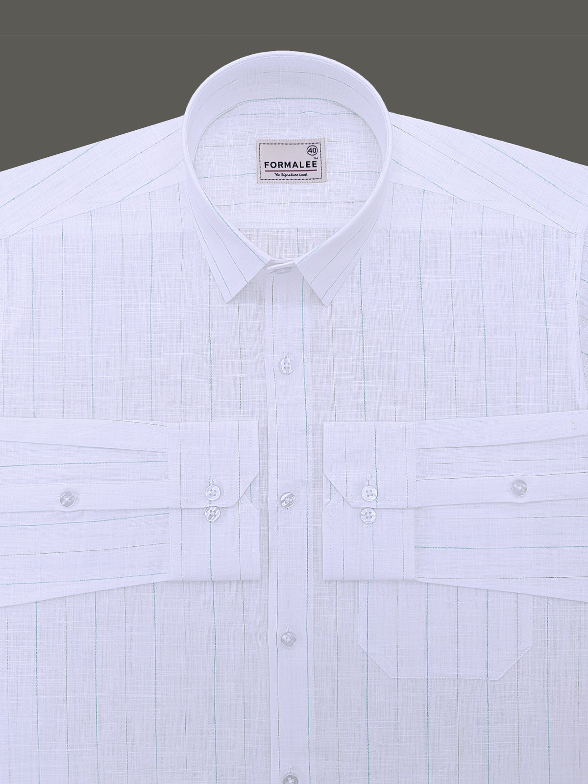 Italian Linen Cotton Marquello Cyan And Green Line On White Formal Shirt