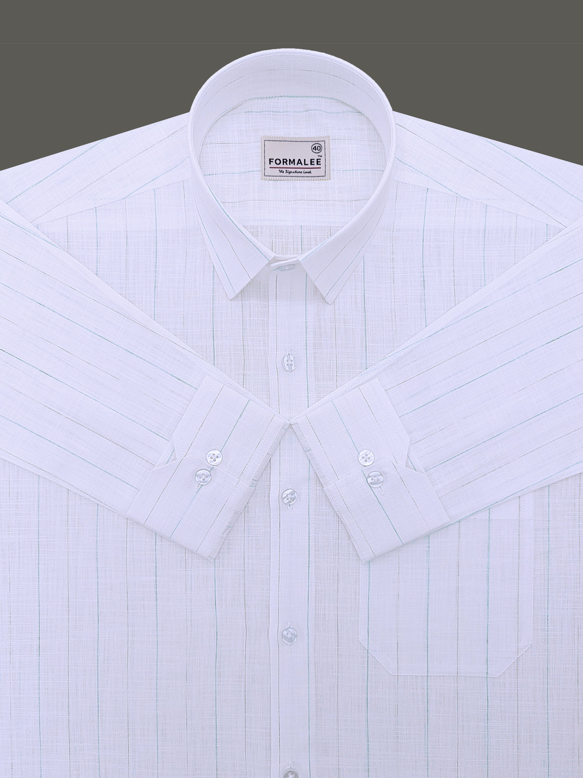 Italian Linen Cotton Marquello Cyan And Green Line On White Formal Shirt