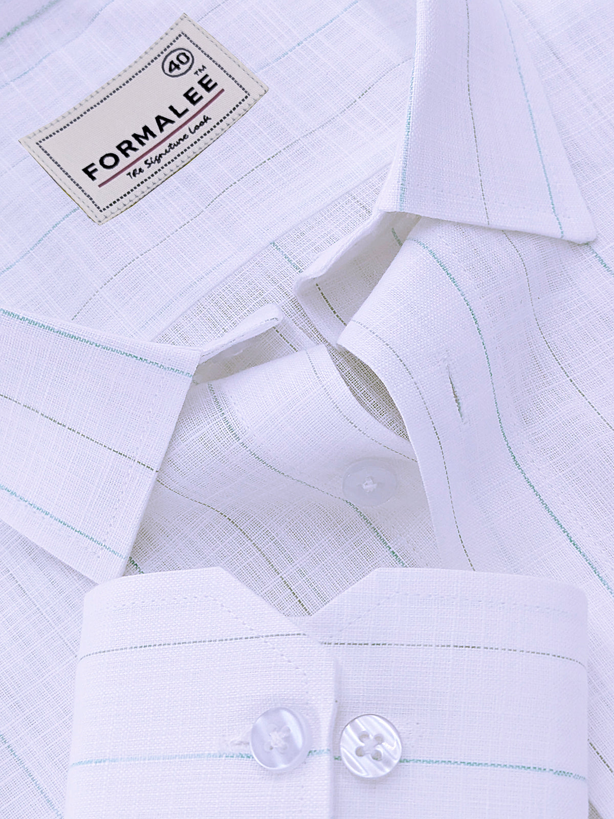 Italian Linen Cotton Marquello Cyan And Green Line On White Formal Shirt