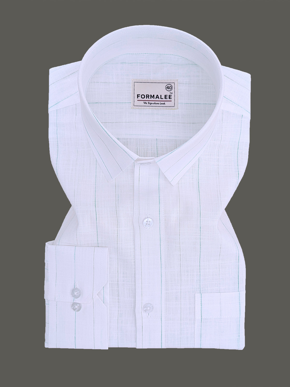 Italian Linen Cotton Marquello Cyan And Green Line On White Formal Shirt