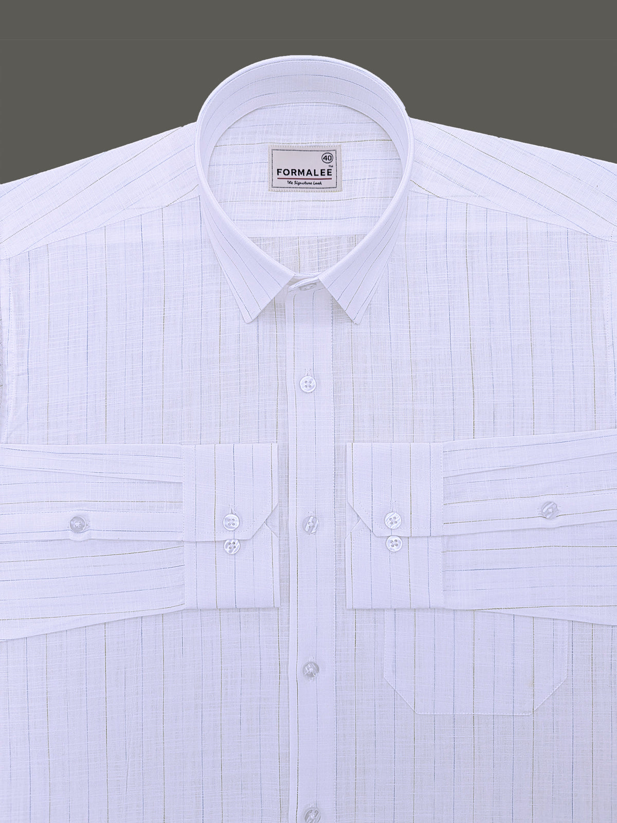 Luxurious Linen Marquello Blue And Green Line On White Formal Shirt