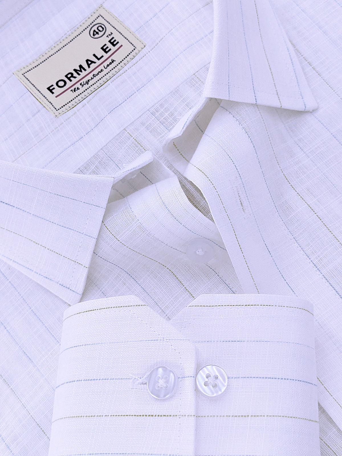Luxurious Linen Marquello Blue And Green Line On White Formal Shirt