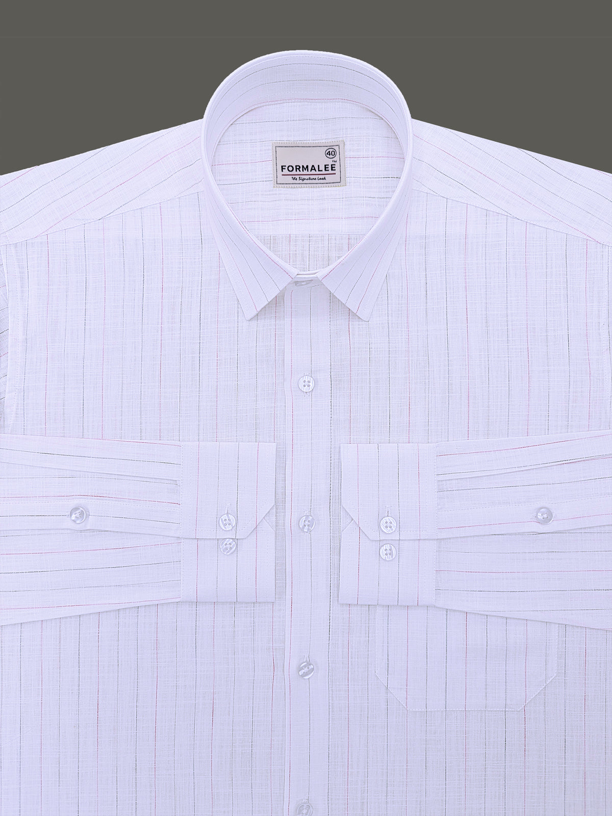 Luxurious  Linen Marquello Pink And Grey Multi Line On White Formal Shirt