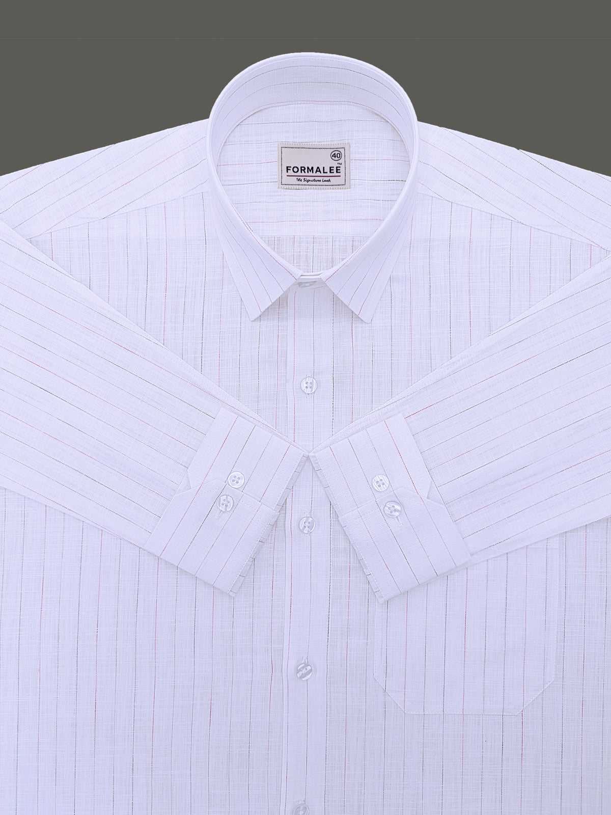 Luxurious  Linen Marquello Pink And Grey Multi Line On White Formal Shirt