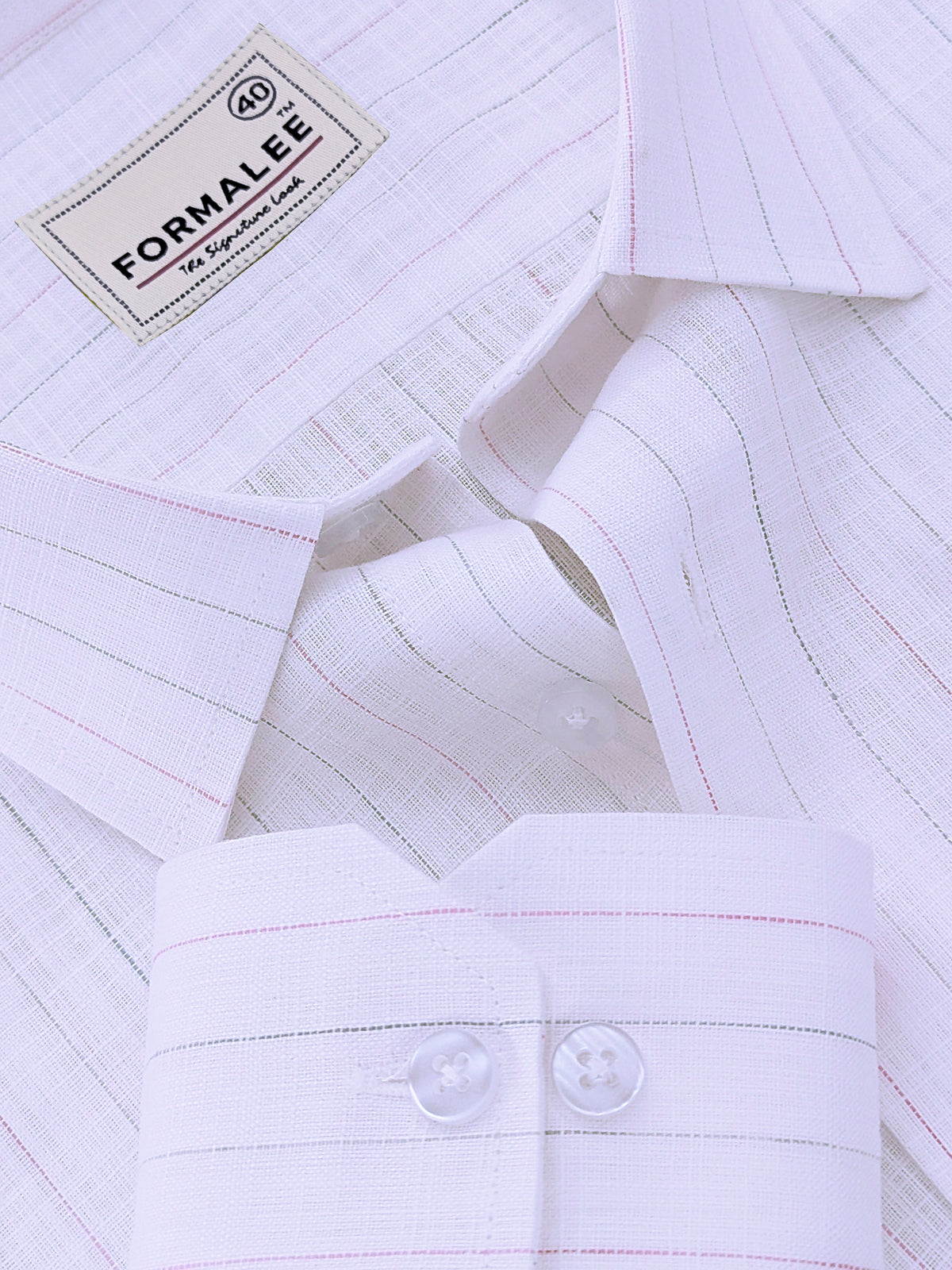 Luxurious  Linen Marquello Pink And Grey Multi Line On White Formal Shirt