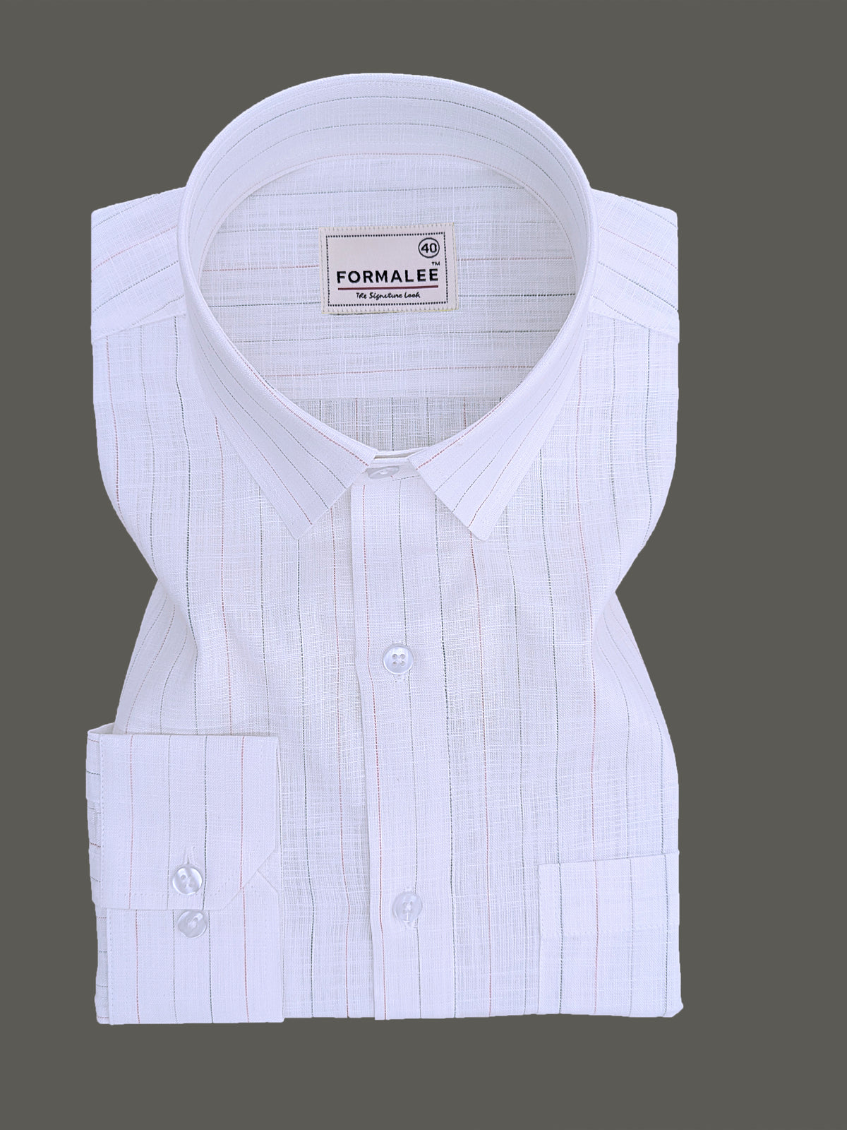 Luxurious  Linen Marquello Pink And Grey Multi Line On White Formal Shirt